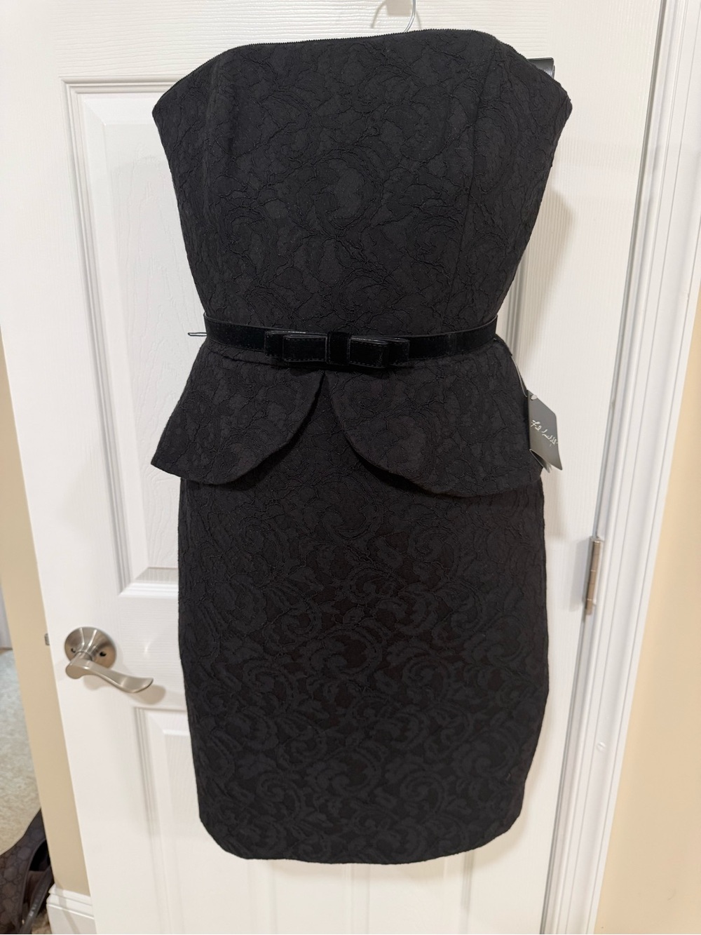 White House Black Market Black Strapless Lace Peplum Dress with Velvet Bow